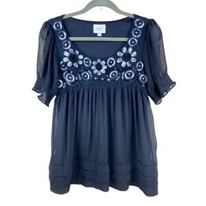 ECI New York Women's Black Short Sleeve Blouse Sequin and Lace Size 8